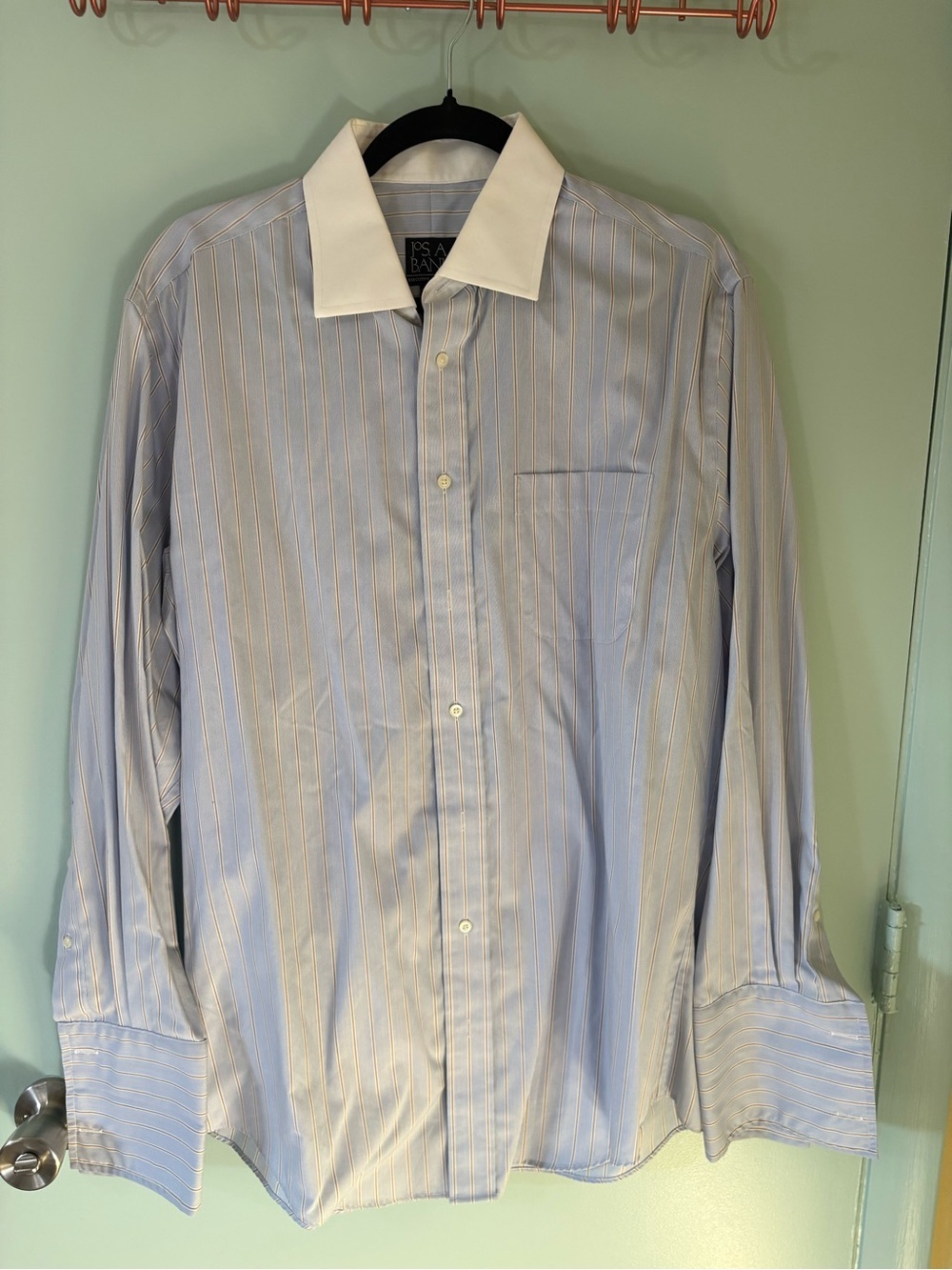 Jos. A. Bank Light Blue Pinstripe Dress Shirt with White Contrast Collar